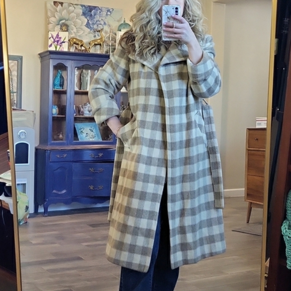 Vintage Diamond's Long Wool-Blend Oatmeal Plaid Open Front Belted Size: M